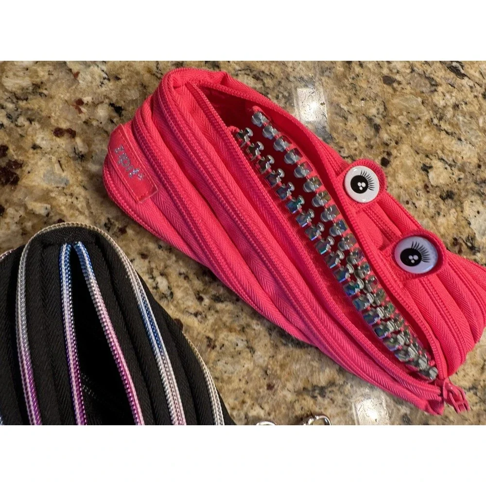 Zipit Pencil Pouch Lot 2 Monster Pink Googly Eyes Black Rainbow Zipper